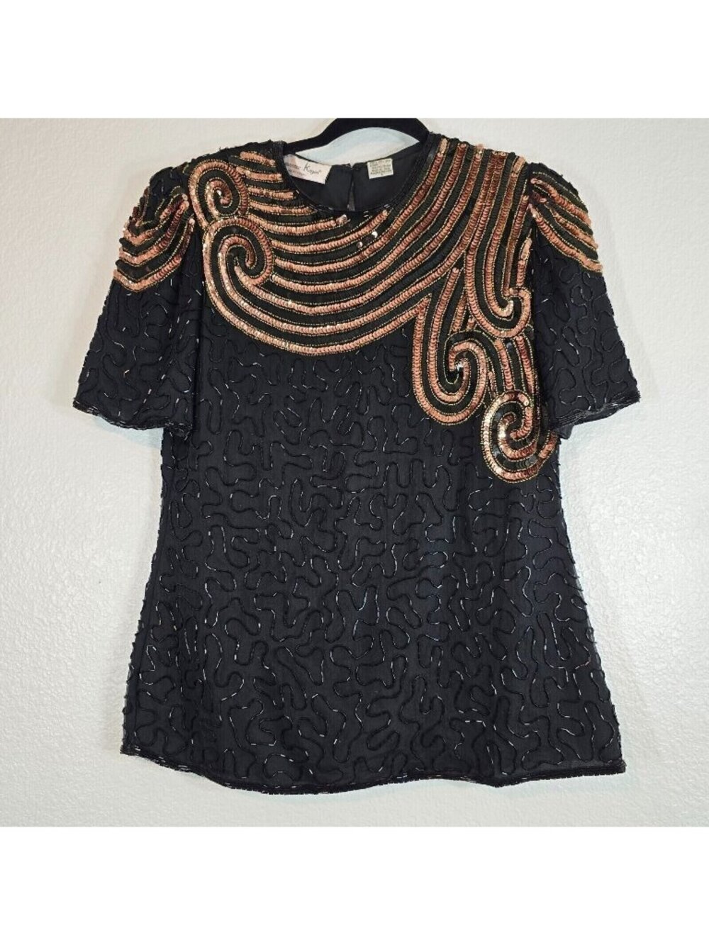 Laurence Kazar Vtg Beaded Blouse Women Small 100% Silk Black Evening Party 70s